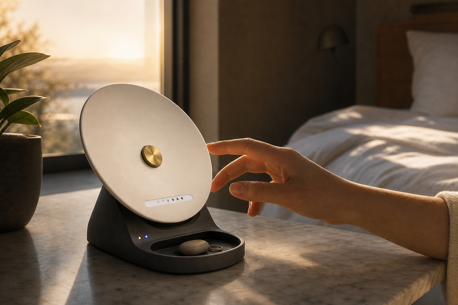 A hand reaching toward the brass button on a private bedside check-in companion