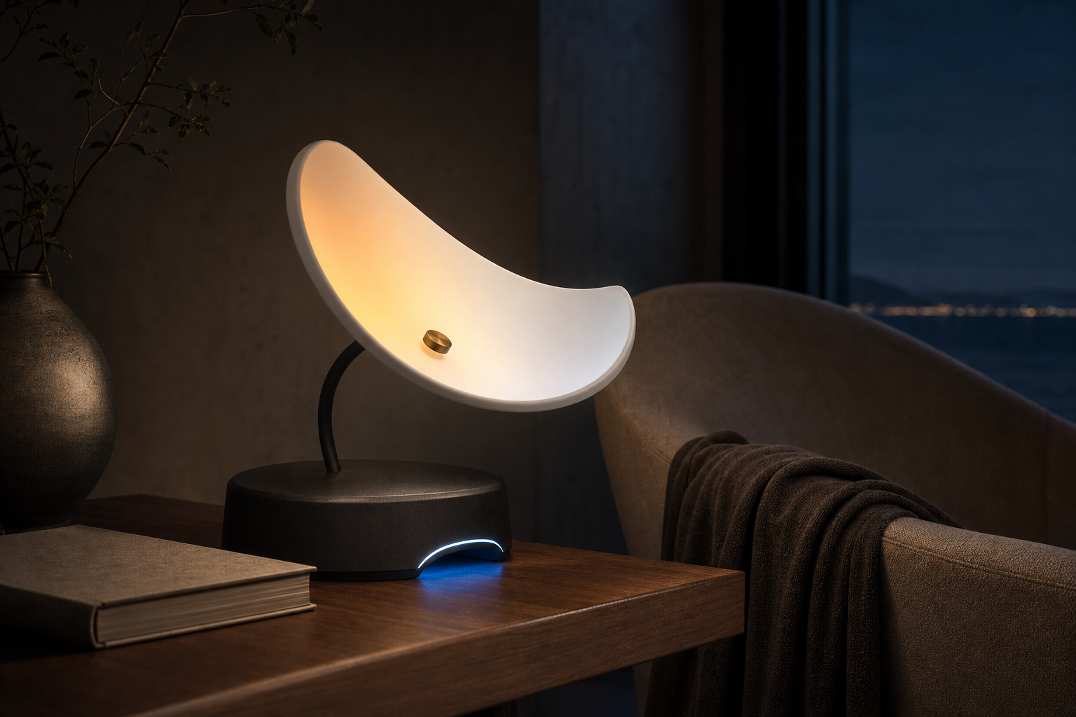 Sculptural crescent-shaped porcelain lamp glowing warmly in a reading nook