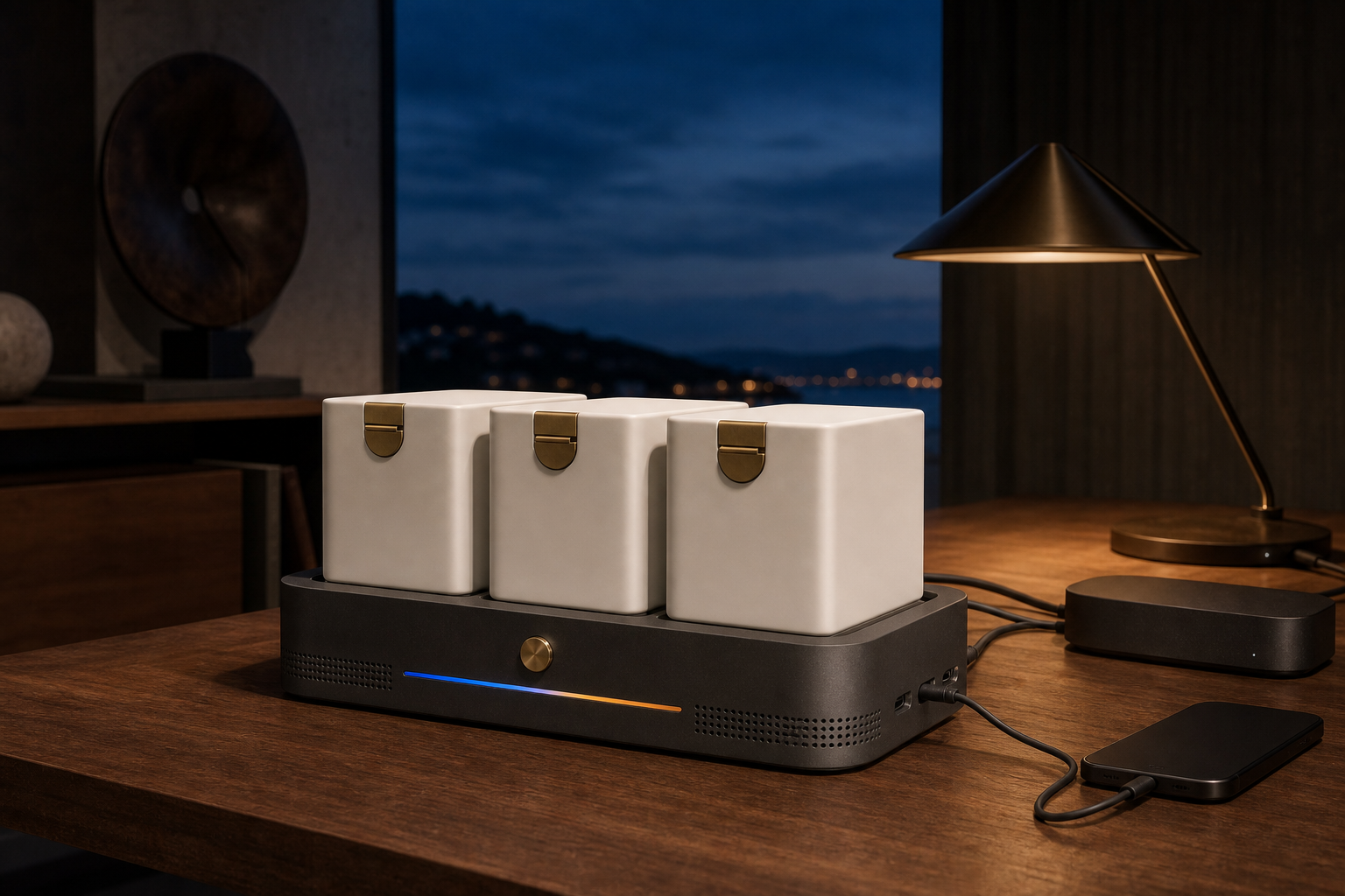 Three modular porcelain battery bricks on a graphite home power base