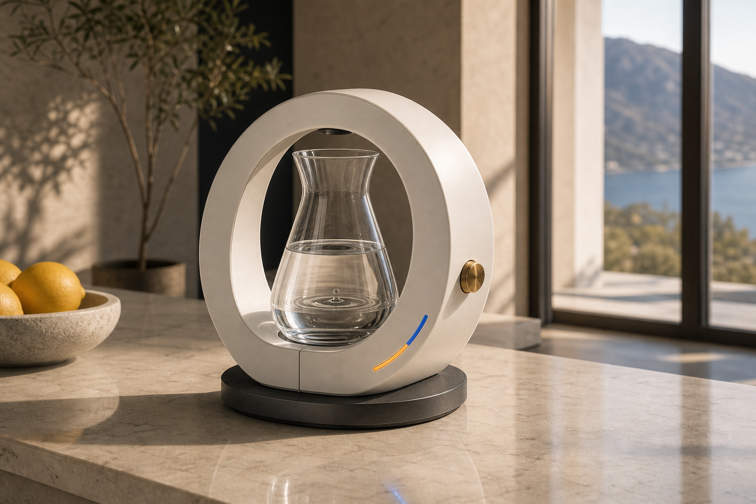 Circular porcelain water filtration dock holding a glass carafe